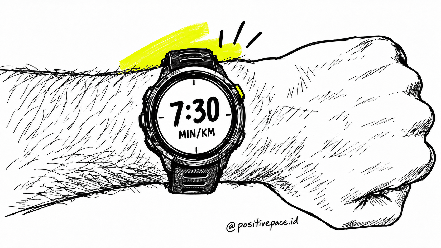 Ilustrasi jam tangan olahraga di pergelangan tangan menunjukkan angka 7:30 MIN/KM